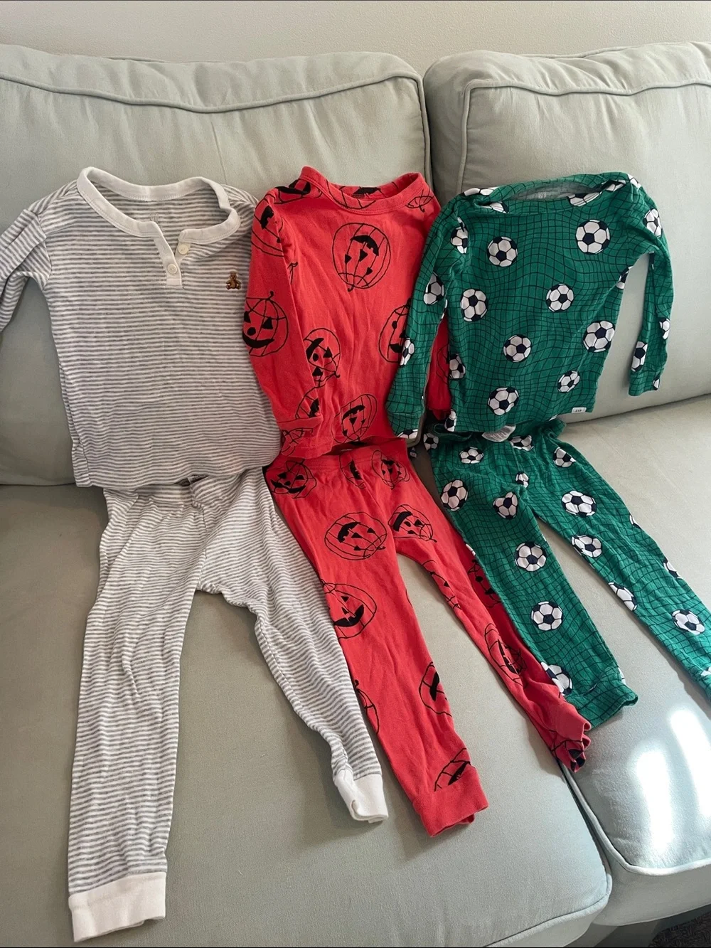 GAP Kids Pajama Set Trio - Red Pumpkin, Green Soccer & Gray Stripe